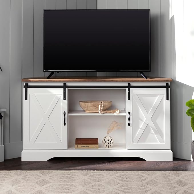 Walker Edison Everette Modern Farmhouse Double Sliding X Barn Door Stand for TVs up to 58 Inches, 52 Inch, Reclaimed Barnwood and Solid White