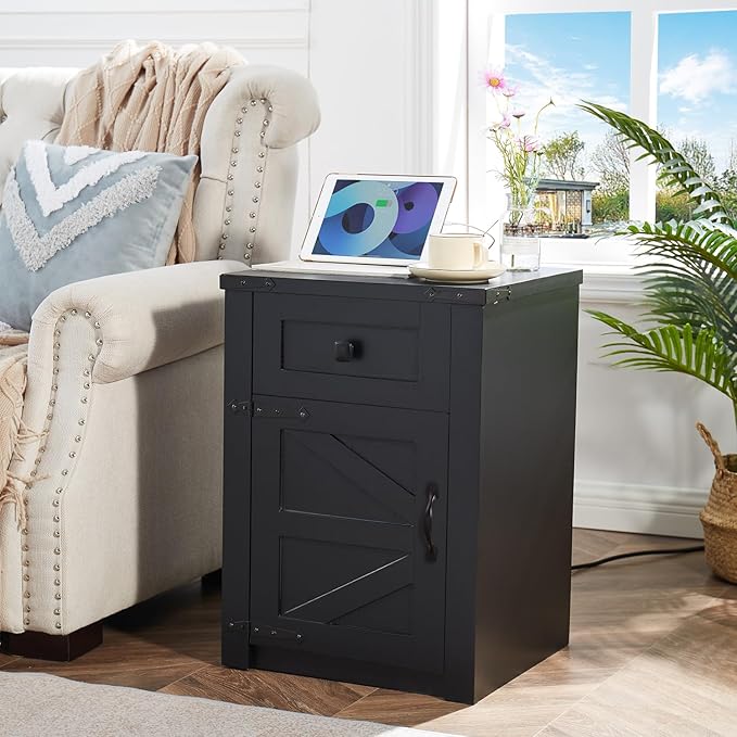 SOOWERY Nightstands Set of 2, Nightstand with Charging Station, Farmhouse End Table with Barn Door and Drawer, Rustic Wood Sofa Side Table for Bedroom, Living Room, Black