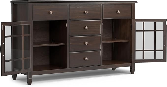 SIMPLIHOME Connaught Buffet - 60 inch Wide Solid Wood 3-Door Sideboard Buffet in Chestnut Brown, Traditional Storage Cabinet for Dining Room or Kitchen with Adjustable Shelves and Classic Molding