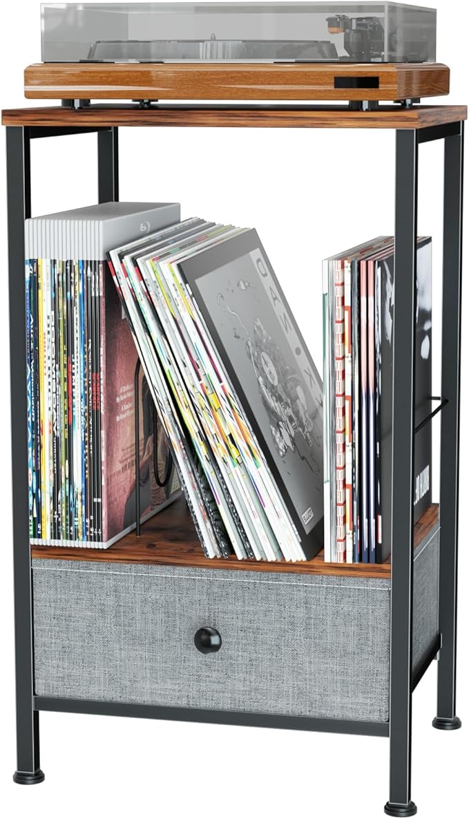 Record Player Stand with Vinyl Storage, 2-Tier Record Shelf Table with Fabric Drawer, Holds Up to 60 Vinyl Records, Record Player Table for Turntable and Albums, 15.75"D × 11.81" W× 25.59"H