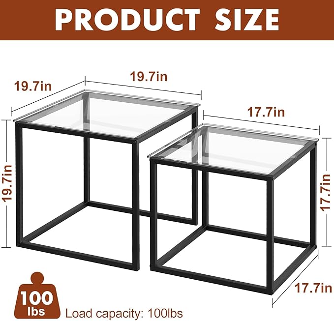 Garden 4 you Coffee Table Set of 2, Modern Glass Nesting Table, Metal Frame Square Center Table Set, Side Tables, Nesting Coffee Table for Living Room, Bedroom and Small Spaces, 19.7in Black