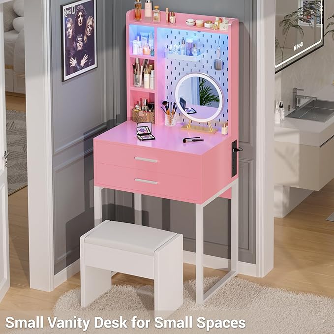 Small Vanity Desk with Hutch and Drawers, Pink Makeup Vanity Desk with Outlets, Vanity Table Dressing Table with LED Lights, Vanity Desks No Mirror with Pegboard for Girls Women, 24"