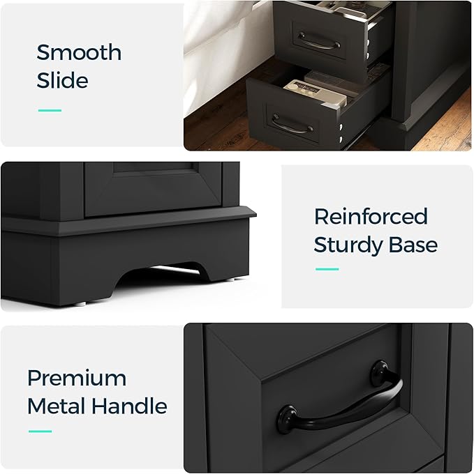 LINSY HOME End Table with Charging Station, Narrow Sofa Couch Side Table with Storage Drawers, Wooden Bedside Table for Living Room, Slim Nightstand for Small Space, Glass Top, Black