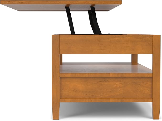SIMPLIHOME Warm Shaker Lift Top Coffee Table - 48 inch Wide Solid Wood Cocktail Table in Light Golden Brown, Transitional Living Room Table with Hidden Storage, 2 Drawers, and Open Shelf