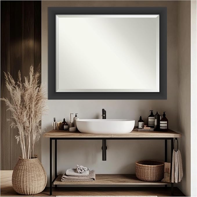 Amanti Art Black Bathroom Mirror for Over Sink, 36x46 Sloped Black Rectangle Vanity Mirror, X-Large Modern Contemporary Frame, Hangs Horizonally and Vertically, Bathroom Wall Decor, Beveled Edge