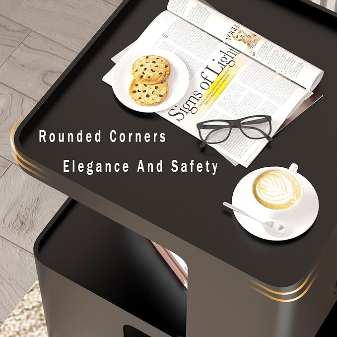 Metal Black Nightstands, Modern Side Table with 3 Tiers Storage, Small End Table for Couch, Bedside Tables No Assembly Required