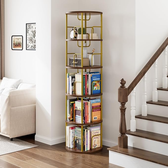 5 Tier Rotating Bookshelf, 360 Display Spinning Corner Bookshelf, Space-Saving Metal Frame Bookcase for Living Room, Office, Bedroom, Gold