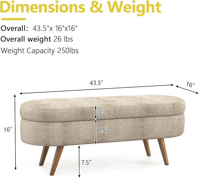 NicBex Ottoman Bench with Storage for Bedroom, 43.5" Upholstered End of Bed Bench with Rubber Wood Legs, Linen Storage Bench for Living Room or Entryway,