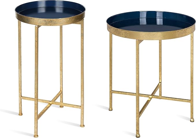 Kate and Laurel Celia Round Metal Foldable Tray Accent Table, Navy Blue with Gold Base