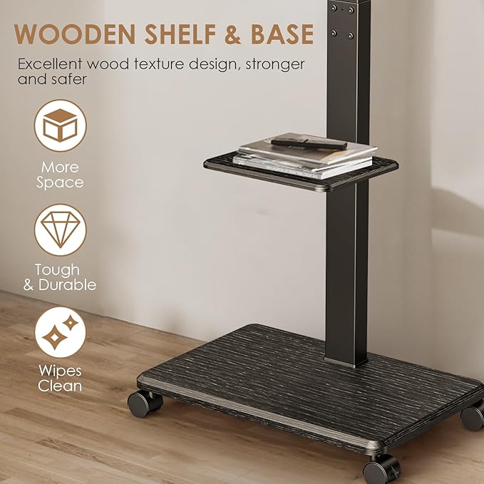 Mobile TV Stand with Wheels, Swivel Rolling TV Stand for 32-75 Inch TVs with Shelf, Landscape to Portrait, Height Adjustable Portable TV Cart with Tilt, VESA 600x400mm, 110lbs Capacity