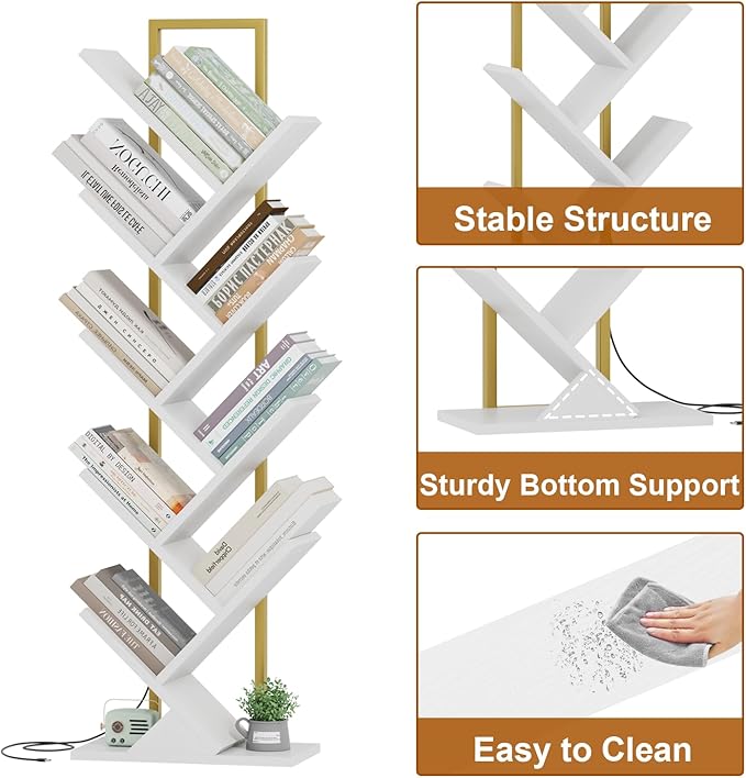 Tree Book Shelf with LED Lights, 9 Tier Floor Standing Bookcase, Classical Corner Shelf Kids Bookshelf, Tall Wood Book Storage for Bedroom, Living Room, Home Office, White