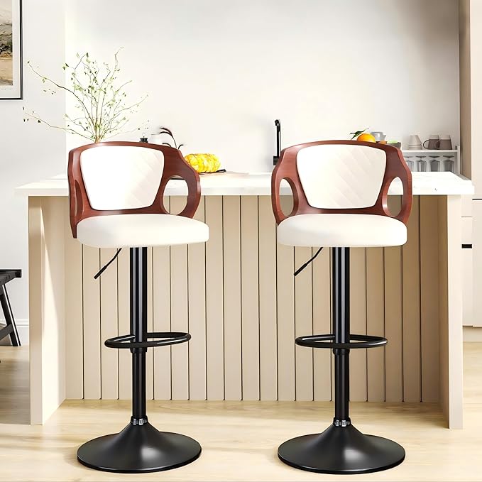 VECELO BarStools Set of 2,Counter Height Stools with Bentwood Back&Arm, Swivel Barstools,PU Leather Kitchen Island Stools, Adjustable Height Bar Chairs for Club Pub Dining Room,Pearl White