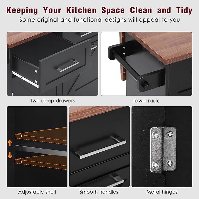 Ball & Cast Farmhouse Kitchen Island with Drop Leaf,Rolling Kitchen Cart on 5 Wheels W/Removable Side Racks and 2 Drawers,Kitchen Storage Cart W/Towel Rack,for Kitchen,Dining Room,Black,47.2"