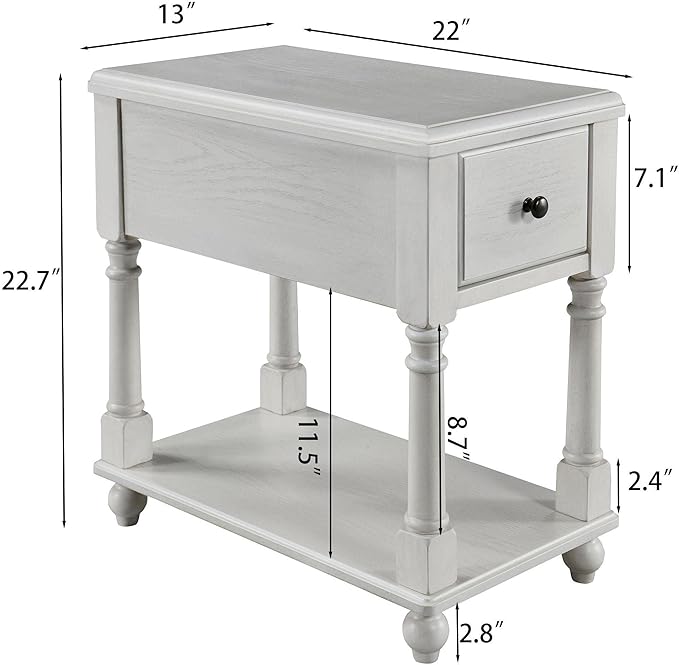 LEEMTORIG Solid Wood End Table Narrow Side Table with Drawer, Cherry Wood End Table Living Room, 13" W Slim Bedside Table Small Nightstand, 22" D x 22.7" H, No-Tools Assembly, Gray White BBJ-004-RW