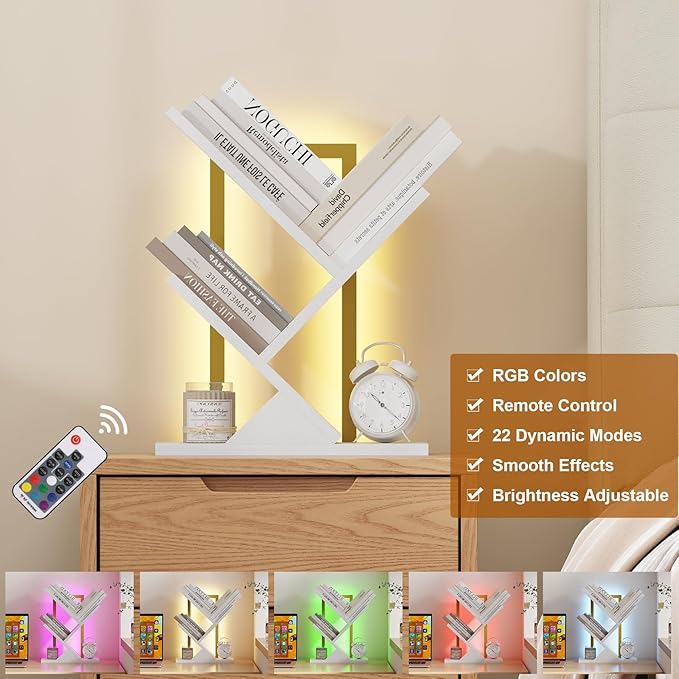 Tree Bookshelf with LED Lights, 3 Tier Floor Standing Bookcase, Classical Corner Shelf Kids Bookshelf, Tall Wood Book Storage for Bedroom, Living Room, Home Office, White