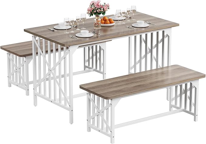 DWVO 3-Piece Kitchen Table with 2 Bench 47.2 Inch Dining Table Set for 4 People Bench Dining Table Set Industrial Rectangular Dining Room Table Set with Storage for Kitchen Dining Room Grey