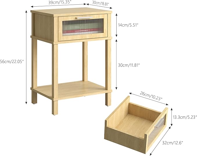 Nightstand Wooden Bedside Table with Drawer Natural Wood Night Stands Modern Style Small End Table Side Table with Storage Shelf for Bedroom Living Room MLBZ10YEV