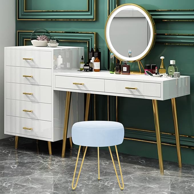 GERANT Multifunctional Vanity Stool - Velvet Footrest Stool-Upholstered Chair Stool -Ottoman Round Modern Dressing Chair - Side Coffee Table Seat with Golden Metal Leg for Living Room (Light Blue)