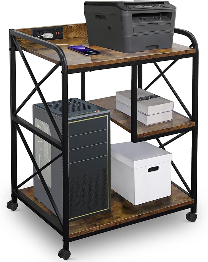 Printer Stand, Printer Table with Storage Shelf for Home Office, 23 x 18 Inch Large Home Printer Stand with Power Outlet USB Port, Printer Cart, PC Tower Stand, Vintage Brown