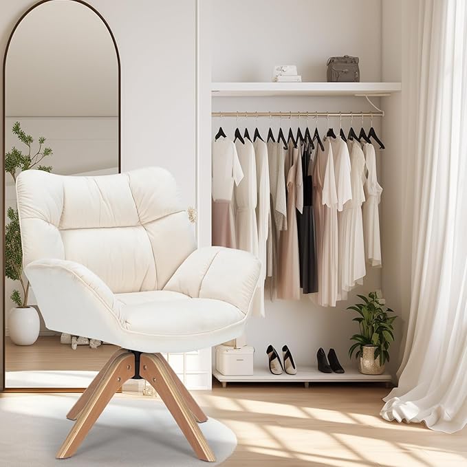 Mid Century Accent Chair, Fabric Desk Chair, Modern Cozy Vanity Chair no Wheelwith Wood Legs, Upholstered Single Boucle Armchair for Living Room Bedroom Office Guest Room Dining Room (Beige)