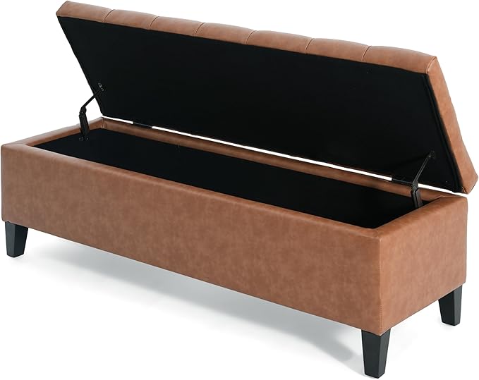 Christopher Knight Home Ottilie PU Leather Storage Ottoman Bench, Wooden Rectangular Ottoman with Storage, Bedroom End of Bed Foot Stool, Entryway Ottoman Footrest, Living Room Extra Seat, Brown