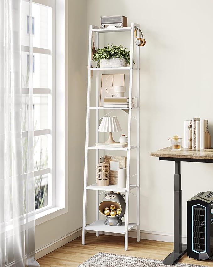 Ladder Shelf, Bookshelf Bookcase, Freestanding Corner Storage Shelve with 2 Hooks for Home Office, Living Room, Kitchen, Bedroom, Industrial, 6-Tier White BC13313W