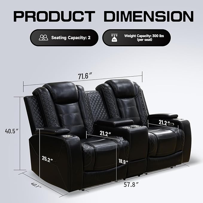 PU Leather Power Wall Hugger Chair Double Reclining Sectional Sofa 2-Seater Loveseat Couch with Center Storage Console & Armrests, USB Port, 4 Cup Holders and LED Light for Living Room RV Theater