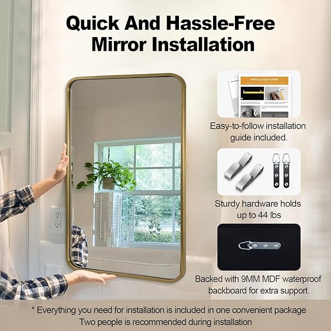 ANDY STAR Brass Mirror Bathroom, 22x30’’ Rounded Rectangle Mirror, Brushed Gold Bathroom Vanity Mirror Non-Rusting SUS304 Metal Tube Frame 1’’ Deep Wall-Mounted Mirrors Vertical/Horizontal