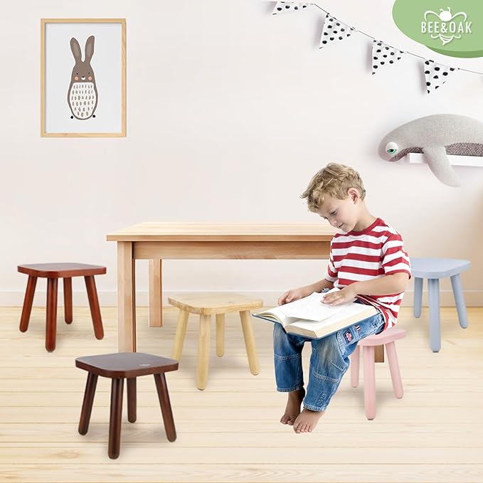BEE&OAK Wooden Step Stools for Adults, Solid Rubber Wood Non-Slip Step Foot Stool, Heavy Duty 300 lbs One Step Stool for Bedroom, Bathroom, Kitchen (Blue, 9.25" (D) x 9.25"(W) x 8.86"(H))