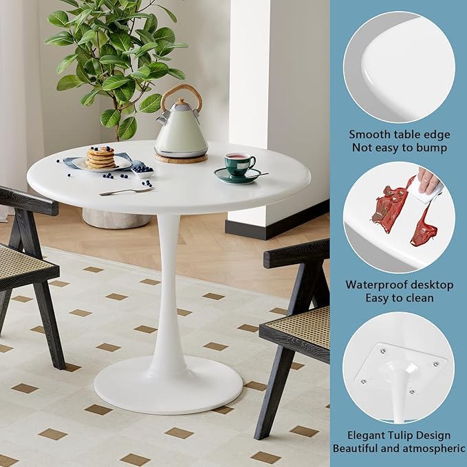 White Round Dining Table for 2 Person, 24 Inch Small Tulip Table with Metal Pedestal for Living Room, Mid Century Modern Kitchen Table for Kitchen, Office, Pub, Bar, Bistro, Circle Cafe Tables