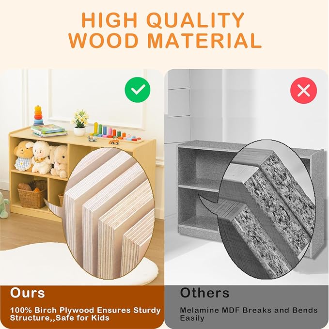 Kids Bookshelf and Toy Storage Shelf, Wooden Montessori Bookshelf, 2-Tier Toy Shelf with 5 Cubby, Classroom Furniture, Birch Children Bookcase, Book Shelf for Kids Room, Nursery, Playroom