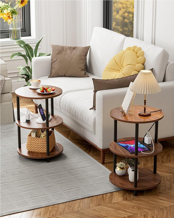 Small Round End Table - 3 Tier Design Accent Table, Narrow Side or Bedside Stand, Industrial Vintage Table for Small Spaces, Built-in USB Ports and Power Outlet, Rustic Walnut