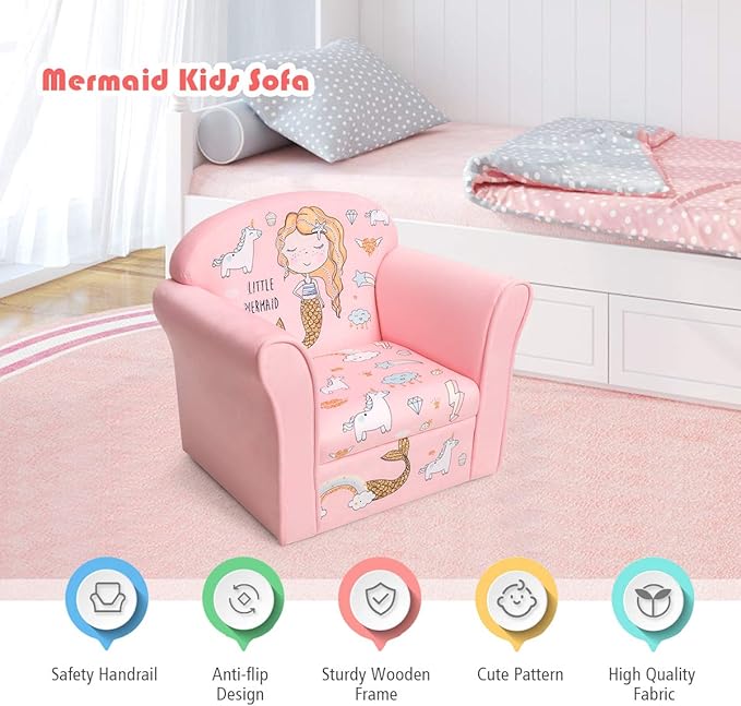 Costzon Kids Couch, Children's Sofa Armrest Chair with Pattern, Toddler Furniture w/Sturdy Wood Construction, Preschool, Lightweight Kids Couch Sofa Chair for Aged 1-5 Boys & Girls Gifts, Mermaid