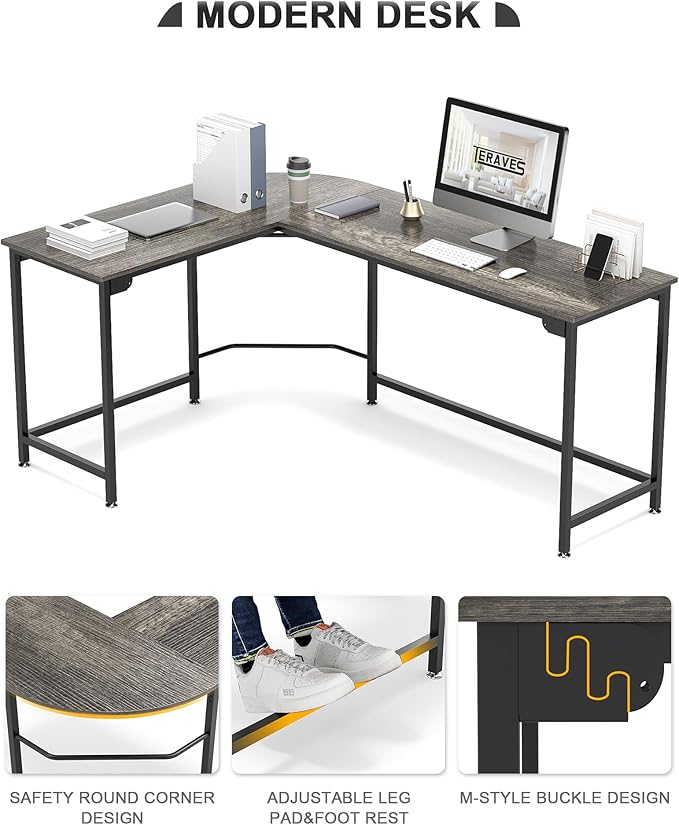 Teraves Modern L Shaped Gaming Desk 66'' Corner Computer Desk for Home Office Gaming Table Study Writing Workstation for Small Space, Easy to Assemble