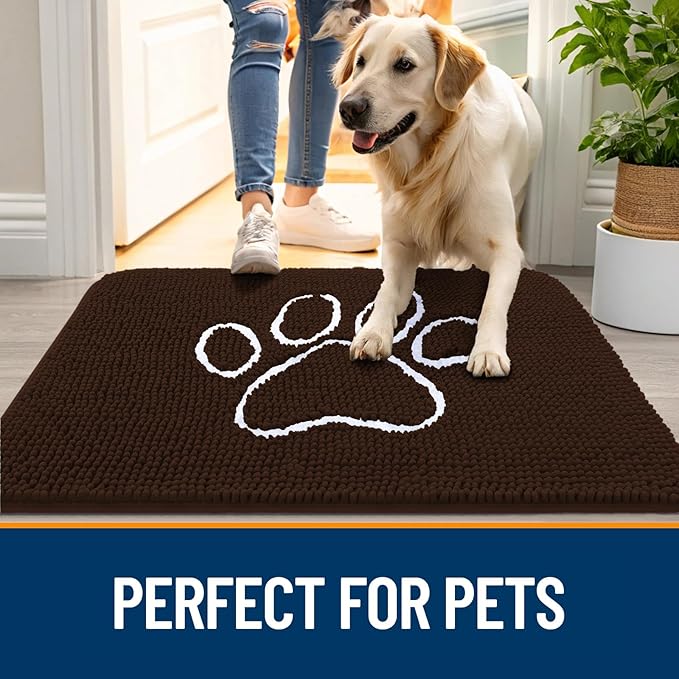 OLANLY Door Mat for Muddy Dog Paws 36x24, Ultra Absorbent Chenille Mud Doormat with Paw Print Design, Non-Slip Washable Doormat for Indoor Entryway, Quick-Dry Pet Bed Mats for Dirty Dogs, Brown