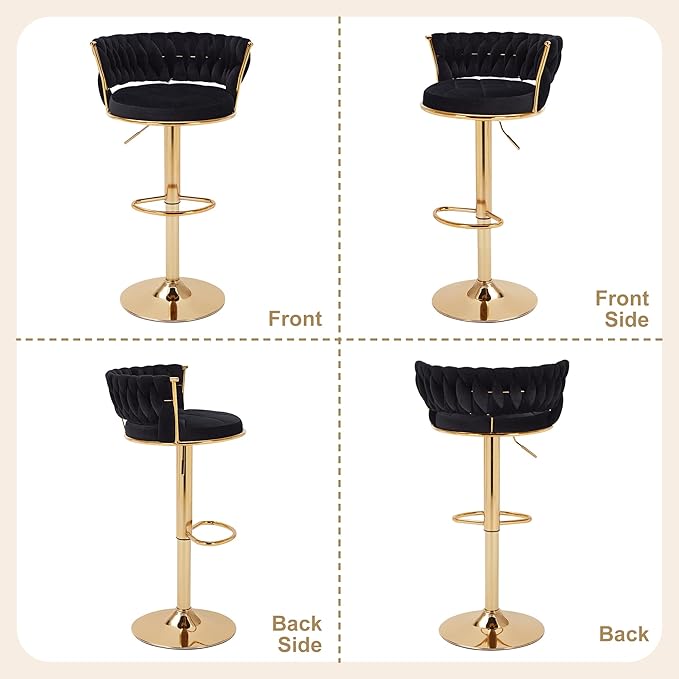 VECELO Bar Stools Set of 2, Adjustable Barstools Counter Height Stools with Back and Arm, Velvet Woven Kitchen Island Stools w/Gold Metal Leg & Base, 360° Swivel Bar Chair for Pubs Dining Room, Black