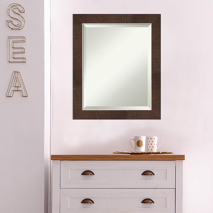 Amanti Art Brown Bathroom Mirror for Over Sink, 23x19 Wildwood Brown Narrow Rectangle Vanity Mirror, Small Rustic Farmhouse Frame, Hangs Horizonally and Vertically, Bathroom Wall Decor, Beveled Edge
