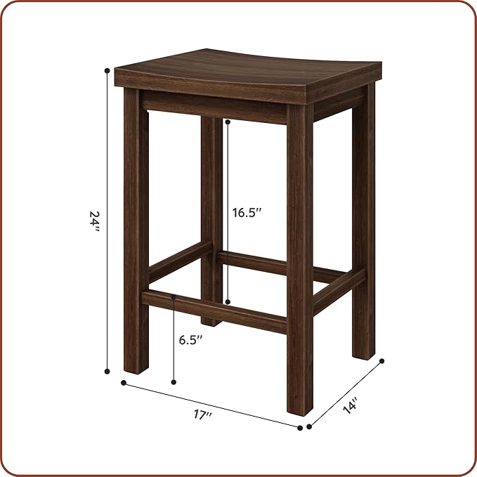 Grain & Grove Smith Collection Solid Wood Counter Height Bar Stool, 24-Inch Saddle Seat Backless Stool, Ideal for Kitchen Island, Dining, or Home Bar Seating, Walnut