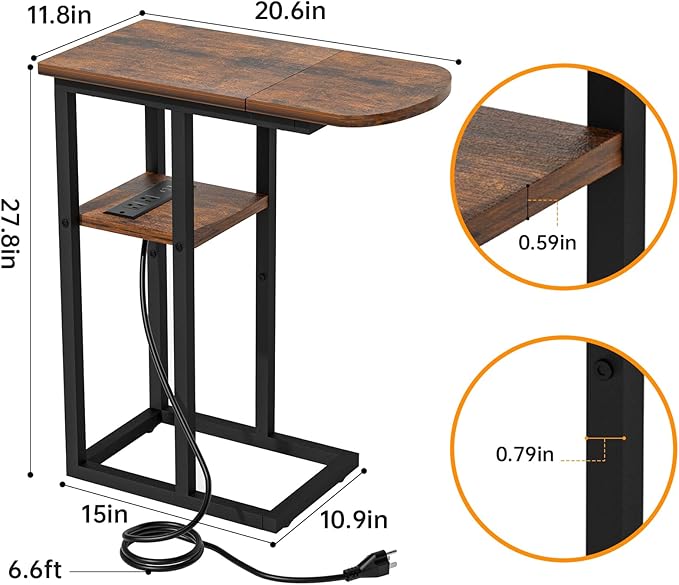 C Shaped End Table with Charging Station, Side Table for Living Room & Bedroom, Couch Laptop Table with USB Ports & Type-C Fast Charging Port, Snack Tray Table for Couch & Bed