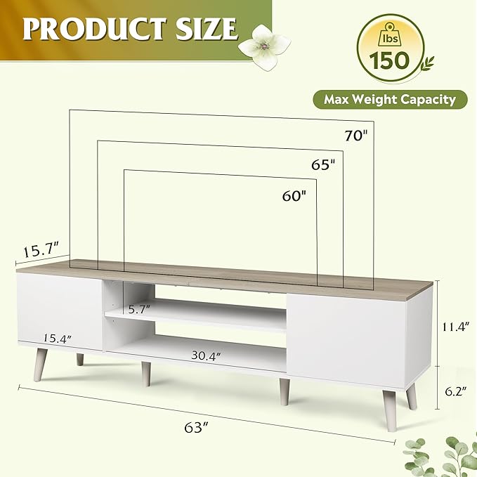 WLIVE TV Stand for 65 70 inch TV, Boho Entertainment Center with Storage Cabinets, TV Console for Living Room Decor, Greige White