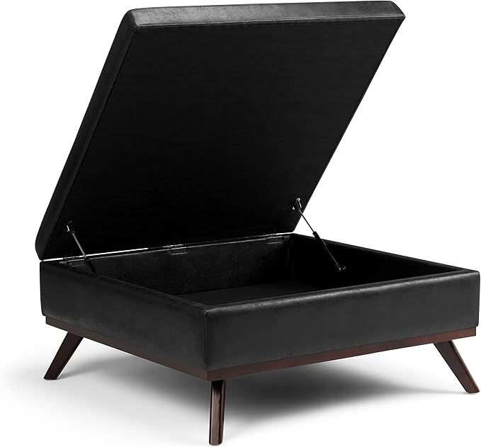SIMPLIHOME Owen 36 inch Wide Mid Century Modern Square Coffee Table Storage Ottoman in Distressed Black Vegan Faux Leather, Assembled, for the Living Room, Entryway and Family Room