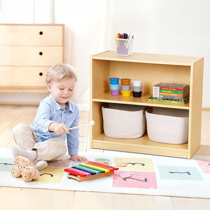 OOOK Montessori Toy Shelf, Kids Bookshelf and Toy Storage, Small Bookshelf for Kids, 2-Tier Wooden Storage Shelves for Classroom, Kindergarten, Kids Room, Playroom, Daycare Center and More