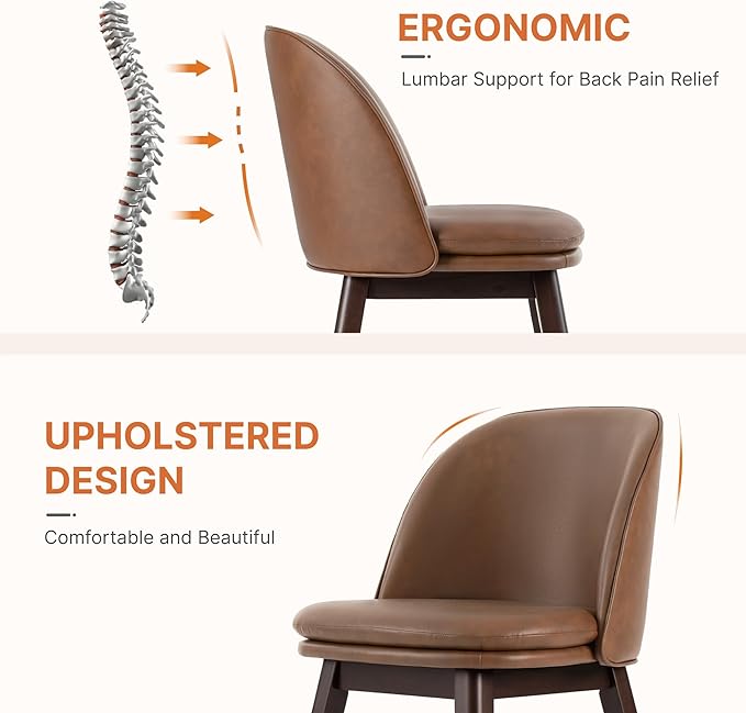 Wooden Dining Chairs Set of 2, Faux Leather Upholstered Modern Dining Room Chairs with Double-Layer Thick Seat Cushion & Ergonomic Backrest for Restaurant, Kitchen and Café, Brown