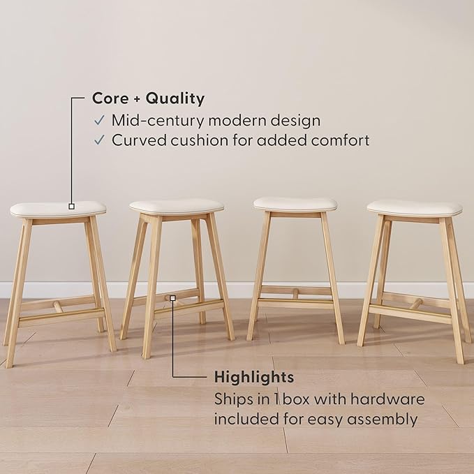 Plank+Beam Beryl Counter Height Stool - Mid-Century Modern Rubberwood Bar Stool with Faux Leather Seat, Metal Footrest, Easy Assembly, 4-Pack, Blonde/Sesame