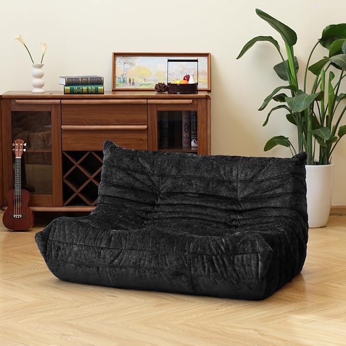 N&V Fireside Chair, Mid Century Armless Floor Sofa, Soft Premium Chenille Floor Lounge Chair, Foam Sofa Accent Chair for Living Room Bedroom and Office (Black, Loveseat)