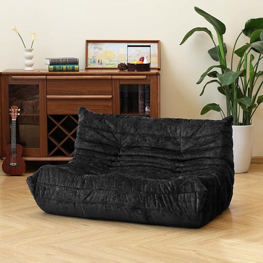 N&V Fireside Chair, Mid Century Armless Floor Sofa, Soft Premium Chenille Floor Lounge Chair, Foam Sofa Accent Chair for Living Room Bedroom and Office (Black, Loveseat)