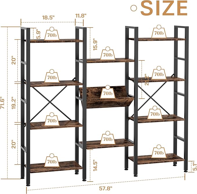 Shintenchi Industrial Bookcase,71.6” Triple 4 Tier Bookshelf with 11 Open Display Shelves,Large Etagere Bookshelf Open Record Player Shelves,Wide Book Shelf Book Case for Home & Office,Rustic Brown