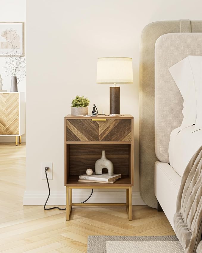 Nightstand with Charging Station, Boho Night Stand Wood Farmhouse Bedside Table with Storage, End Side Accent Table Walnut