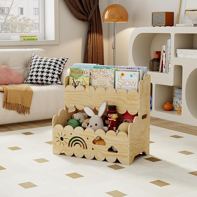 Wood 2-Tier kids bookshelf, Montessori Bookshelf, Suitable Kids Rooms, Nursery & Classroom, kids bookshelf and Toy Storage, Toddler Book Rack, Nursery Book Shelves