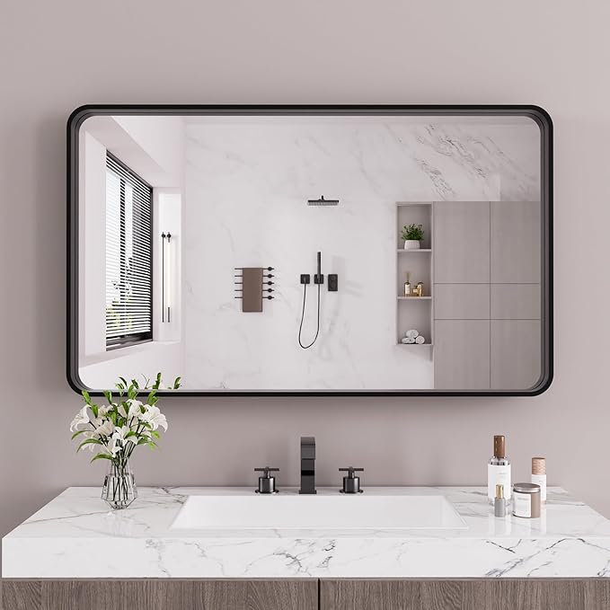 Black Bathroom Mirror 60X28 Inch, Black Metal Framed Mirror for Wall, Rounded Rectangle Matte Bathroom Vanity Mirror with Tempered Glass, Anti-Rust, Horizontal/Vertical